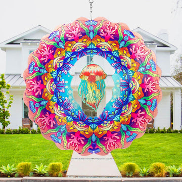 Dinoneyi Wind Spinner Outdoor Metal Jellyfish 12Inch 3D Stainless Steel Garden Sculpture 3D Wind Spinner Hanging Yard Garden Dec