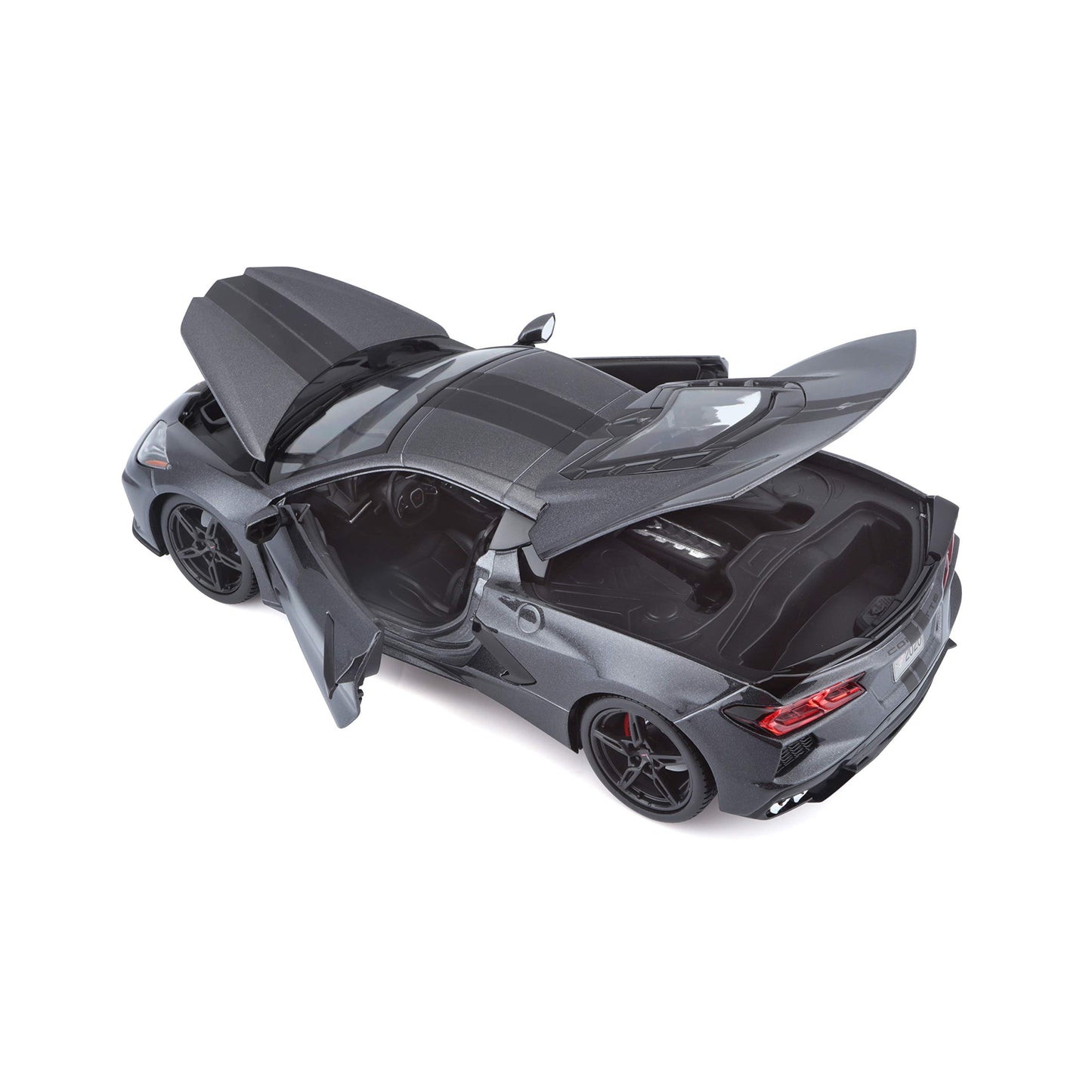 2020 Chevrolet Corvette Stingray C8 Dark Gray Metallic with Racing Stripes 1/18 Diecast Model Car by Maisto