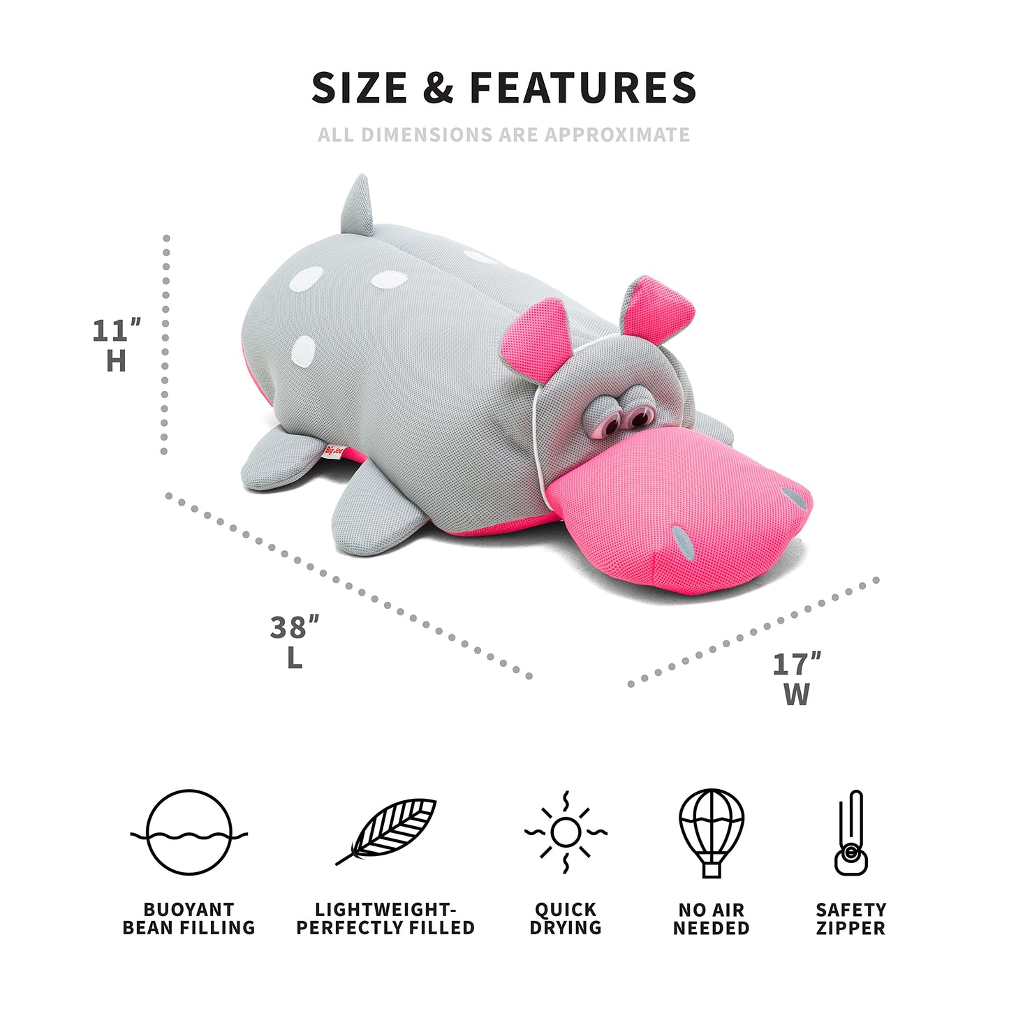 Big Joe Pool Petz Large Hippo Animal Pool Toy Float, Hippo Shape Mesh, 3 Feet