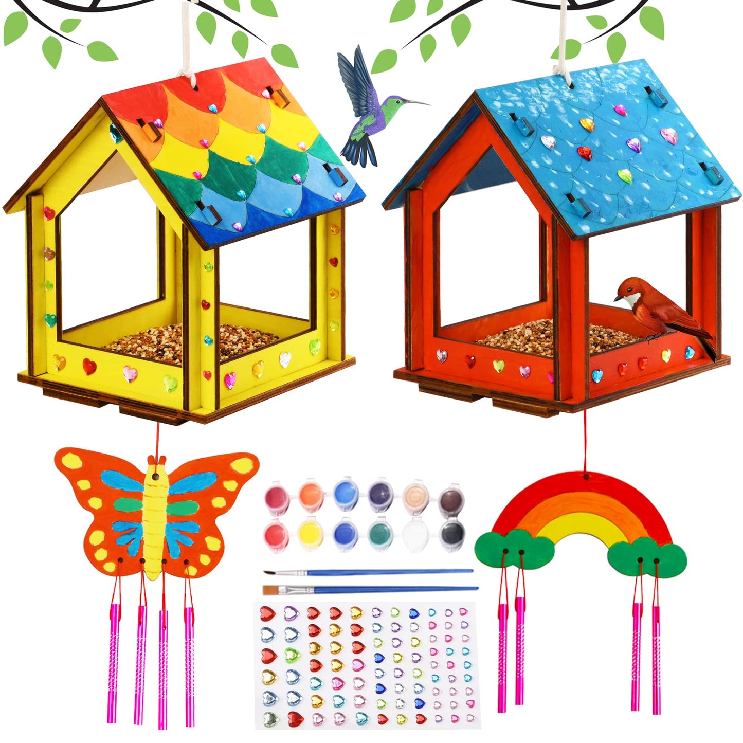 Kids Arts And Crafts For Outdoor,2 Pack Bird Feeder Wind Chime Kits For Children To Build And Paint, Diy Unfinished Wood Stem Pa
