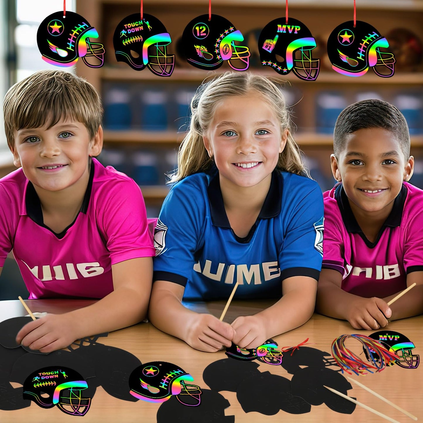 JULMELON 36 PCS Football Crafts for Kids, Rainbow Scratch Paper Art for Kids Football Party Favors Football Helmet Scratch Off C