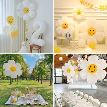 Daisy Balloons With Smile, 12 Pcs Groovy Boho White Flower Balloon Party Decorations For Birthday Wedding Party D  Cor For 60S H