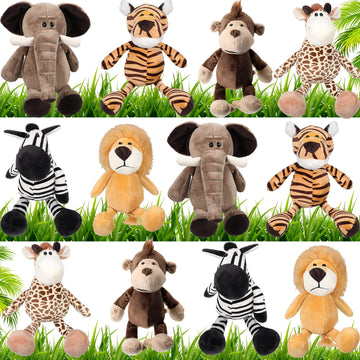 12 Pieces Safari Stuffed Animals 11.8 Inch Jungle Animal Toys Set Boys Girls Plush Forest Animals Lion Elephant Zebra Giraffe Ti