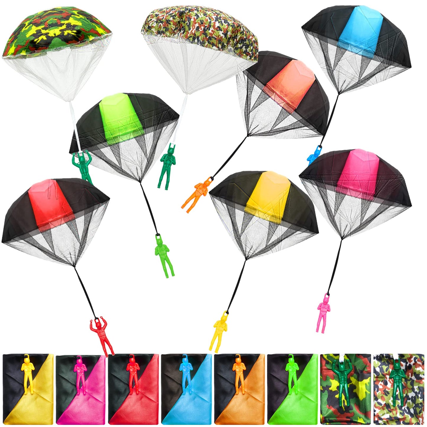 NANASO Parachute Toy  No Tangle Throw tossing Parachute Men  Outdoor Children's Paratrooper Toy  Hand Throw Parachute Army Man (Red Yellow Blue Rose Red Orange Green Army Green Camouflage)