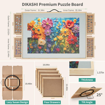 Dikashi Tilting & Rotating Puzzle Board For 1000 Pieces, 30.2''    22.4'', Portable Jigsaw Puzzle Table For Adults With 4 Drawer