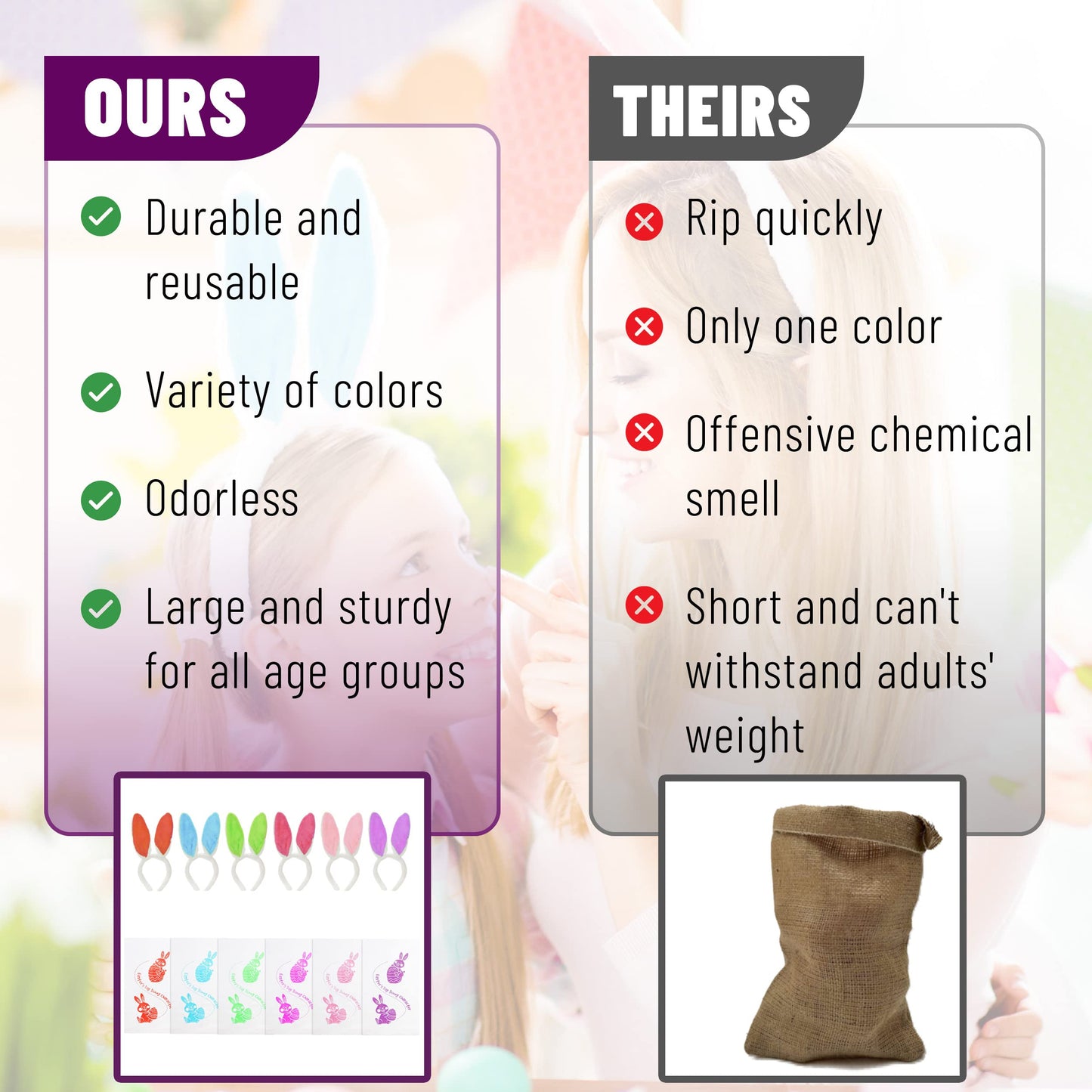 Mr. Pen- Potato Sack Race Bags for Kids Adults, 38.2 x 23.5, 6 Pack with 6 Bunny Ears Headbands, Sacks for Sack Race, Easter Sac