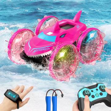 Axirata Amphibious RC Car with Lights for Kids 6-12 Year Old Girls Toy Gesture Hand Remote Control Boat 4WD 2.4GHz Waterproof RC