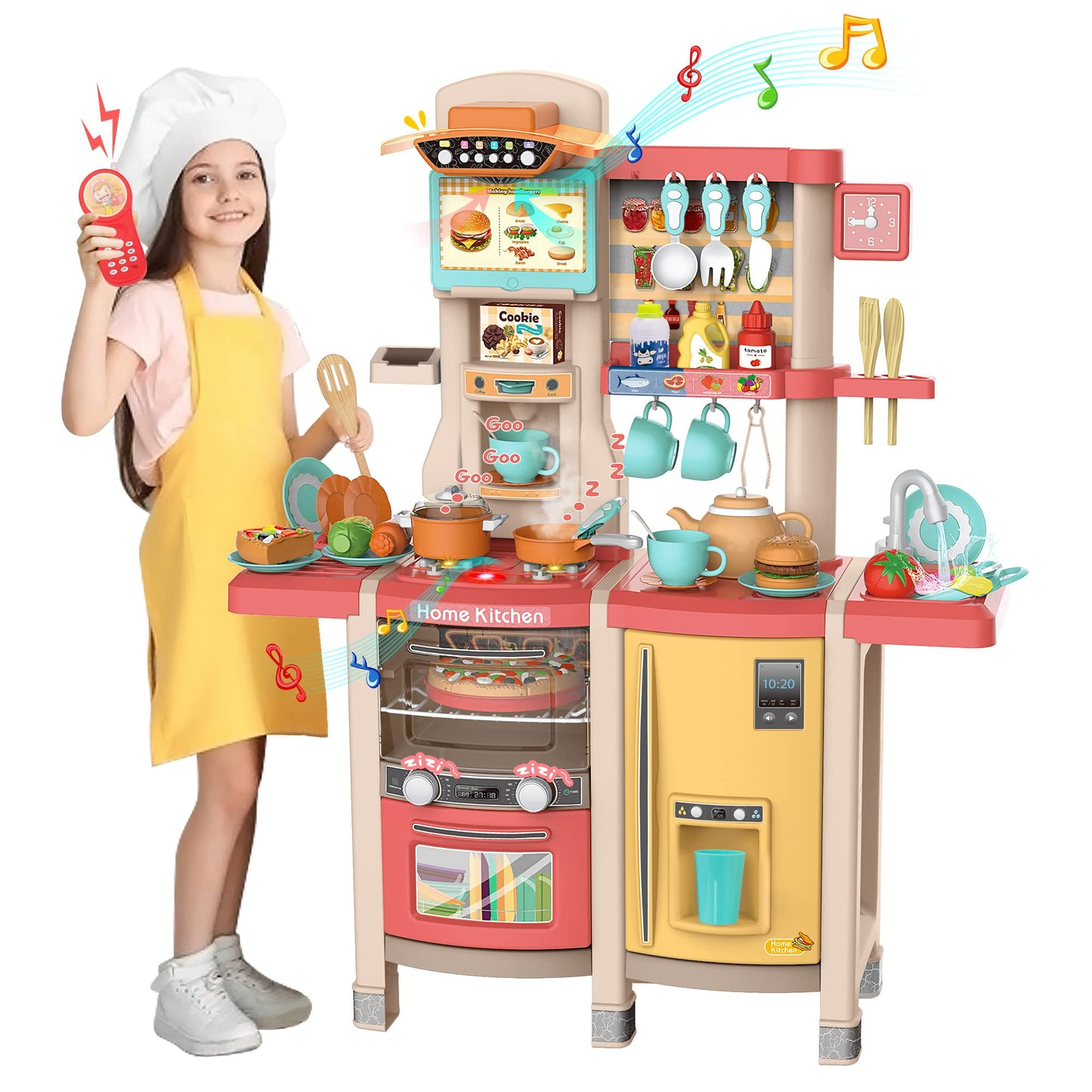 Kids Play Kitchen,Kitchen Playset with 65pcs Kitchen Toys for Toddlers,Play House Accessories with Spray Stove, Simulated Steam,