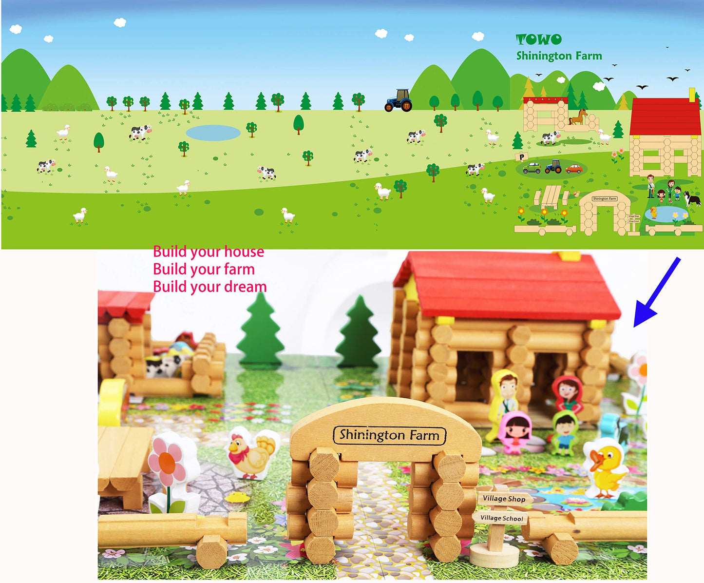 Toys of Wood Oxford Wooden Logs Farm Playset - 207 Pieces, Multicolor, TW-SH Farm, Ideal for 3-6 Year Olds