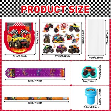 Cholemy 168 Pcs Monster Truck Party Favors Truck Party Supplies Monster Truck Stationery Set Notebook Sticker Stamper Eraser Rul