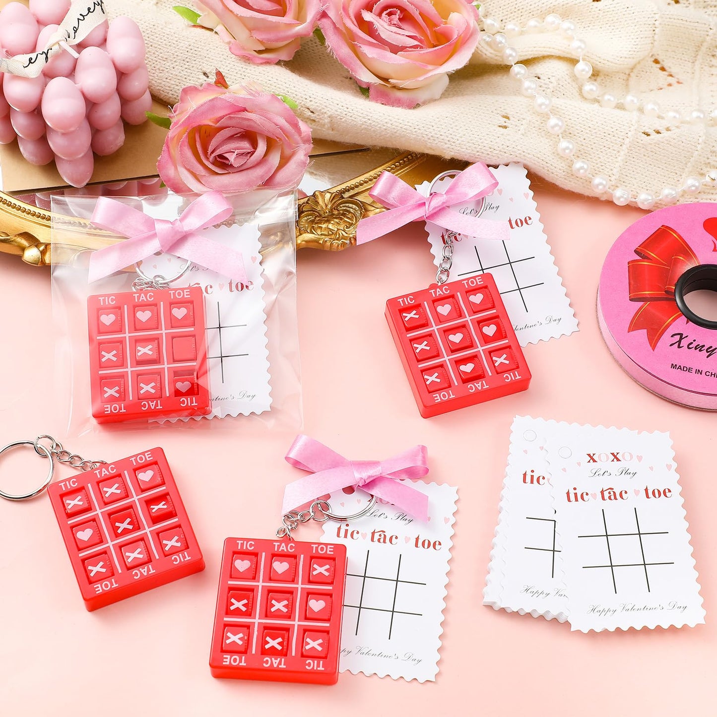 JellyArch 24 Set Tic Tac Toe Keychain Valentines Day Cards Class Valentines Day Gifts for Kids School Valentines Day Goodies Gi