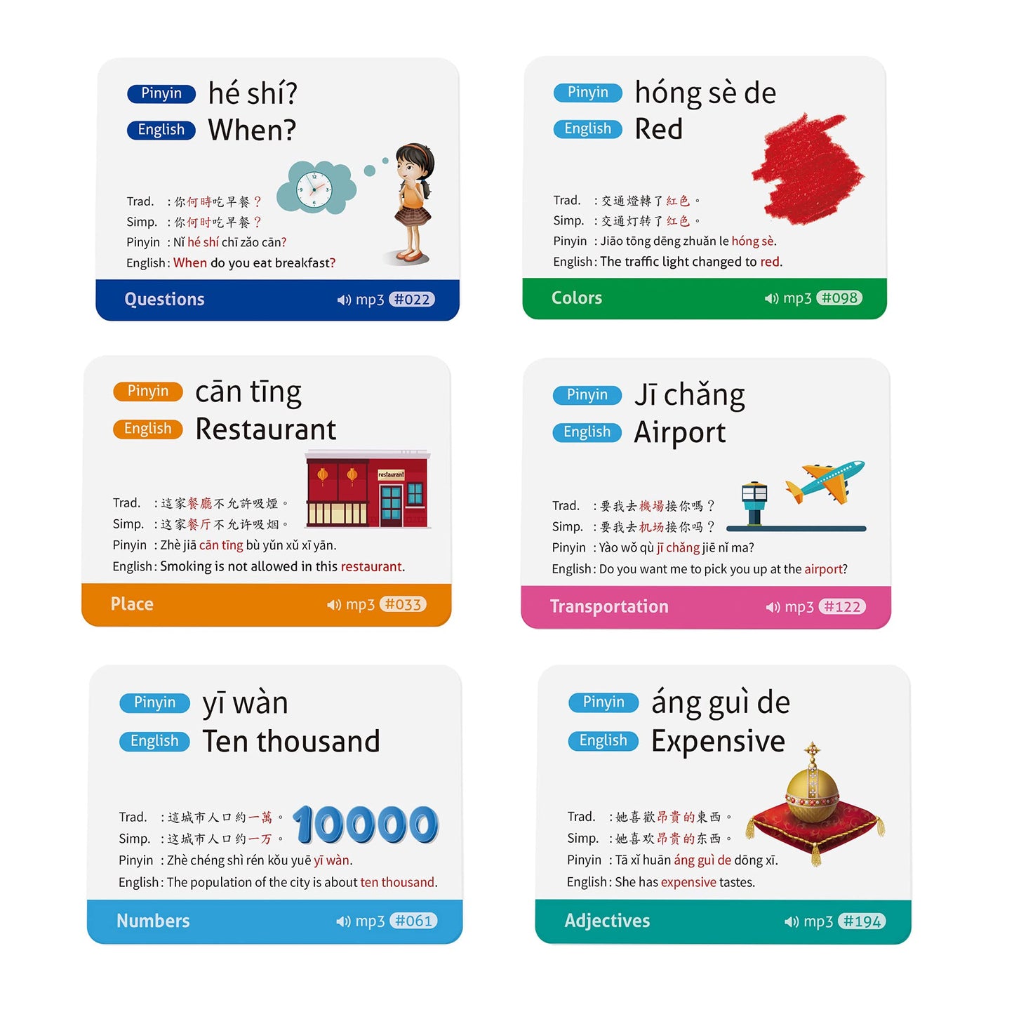 Chinese Mandarin Vocabulary Flashcards for Beginners (Traditional and Simplified Chinese, with Example Sentences and Audio MP3)