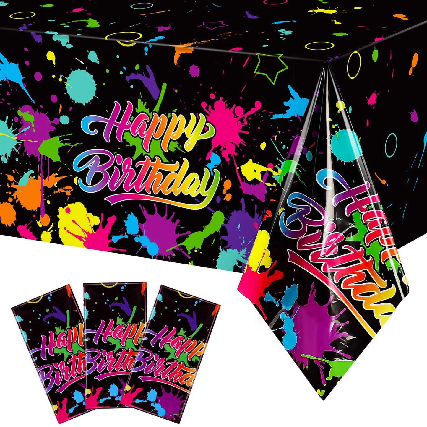 Neon Glow in The Dark Birthday Party Tablecloth Paint Splatter Graffiti Happy Birthday Table Covers Plastic Black Light Table Cl