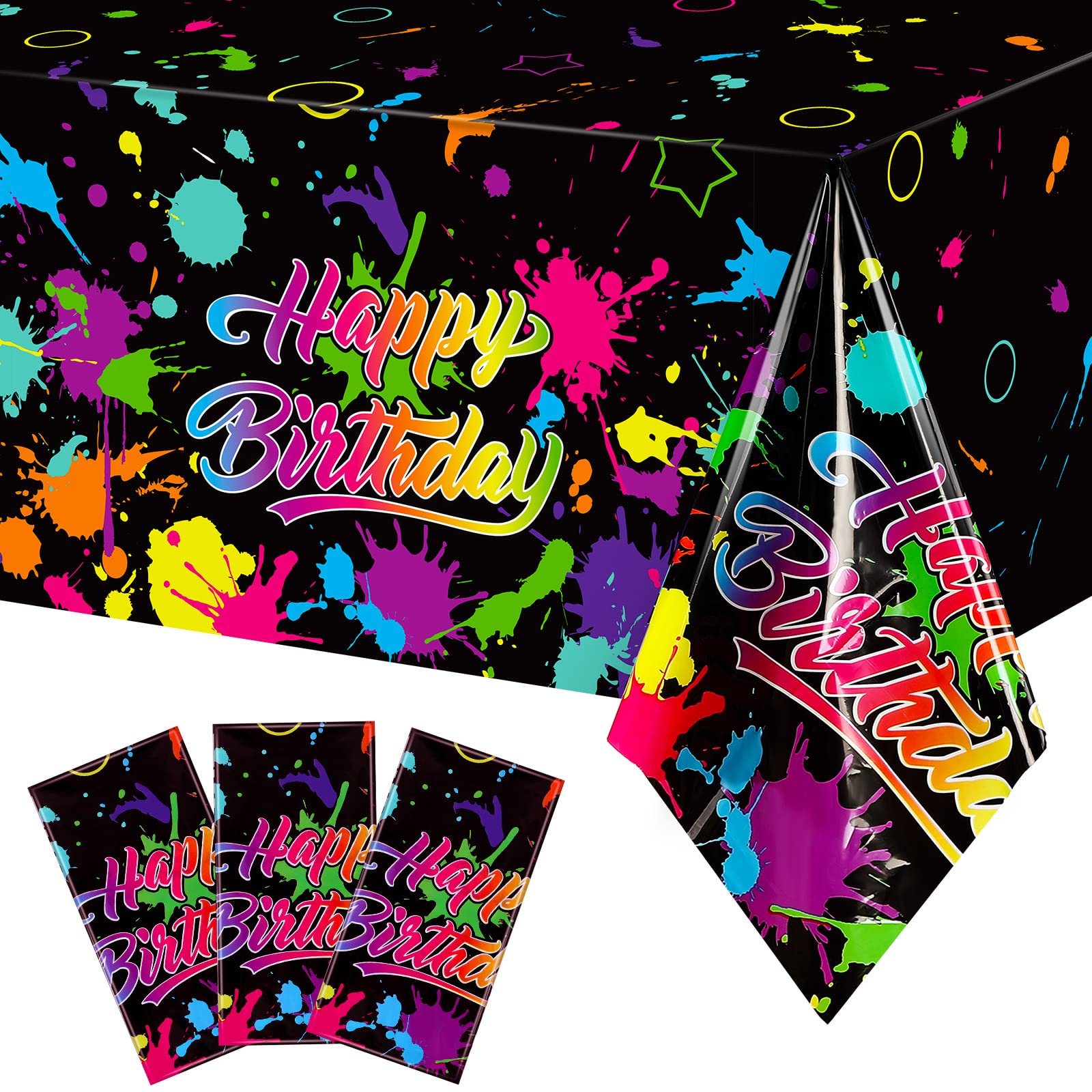 Neon Glow in The Dark Birthday Party Tablecloth Paint Splatter Graffiti Happy Birthday Table Covers Plastic Black Light Table Cl