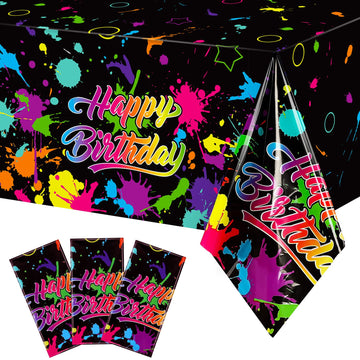 Neon Glow in The Dark Birthday Party Tablecloth Paint Splatter Graffiti Happy Birthday Table Covers Plastic Black Light Table Cl