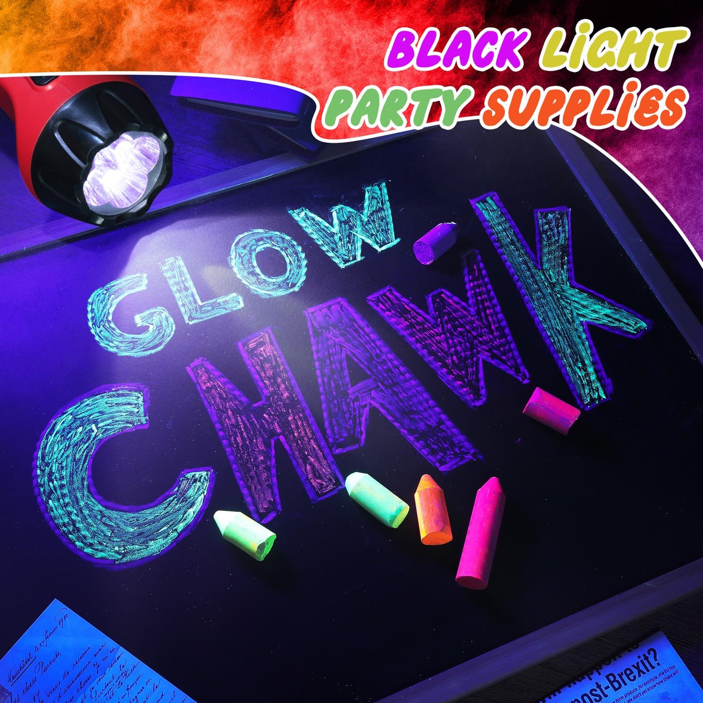 Feifeiya Glow in the Dark Chalk - 12 Pcs Washable UV Sidewalk Chalk, 6 Neon Colors for Parties & Outdoor Drawing, Model SAW-Feifeiya-0896