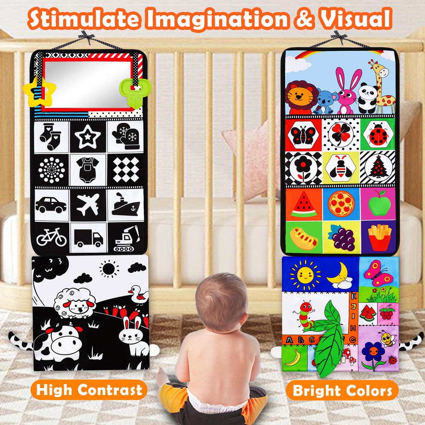 Tummy Time Mirror Baby Toys 3-6 Months Infant Newborn Toys 0-3 Months Brain Development Montessori Sensory Crinkle Toys Teether Black And White High Contrast Baby Toys 0-6 6-12 Month Boy Girl Gifts