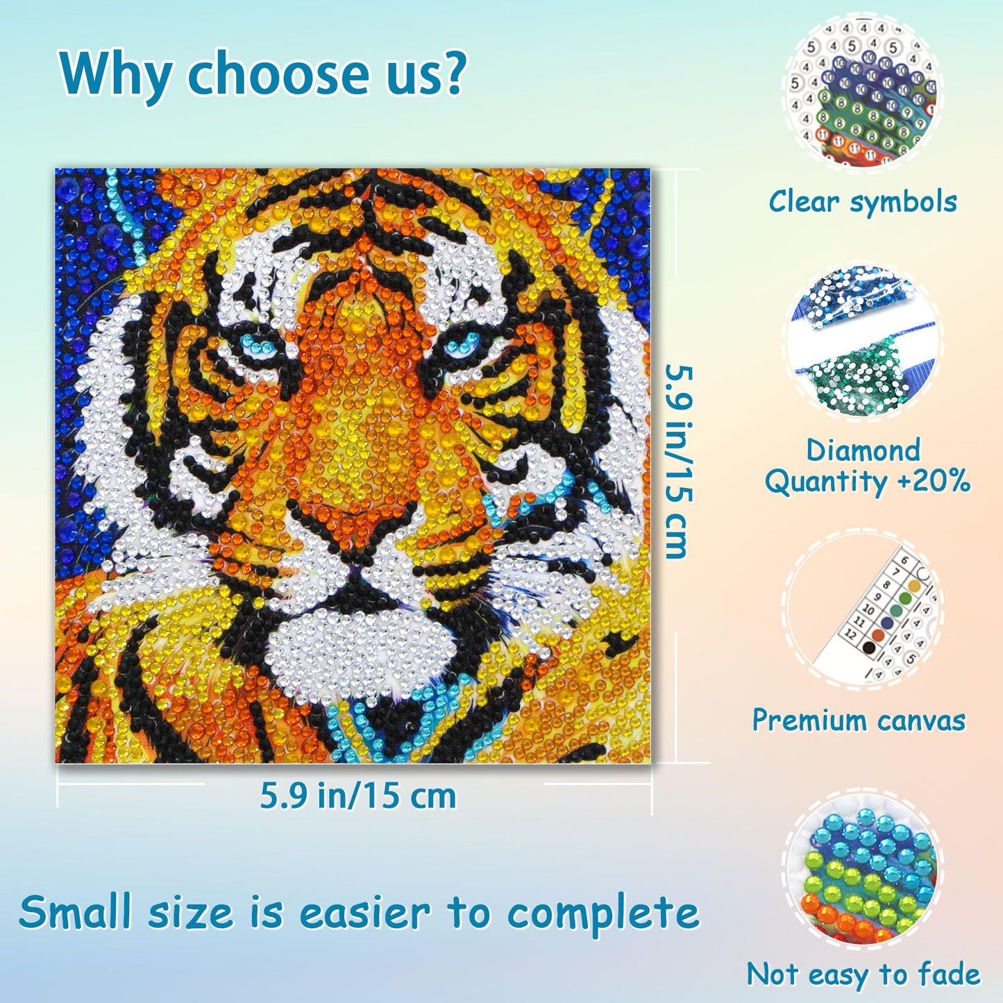 UiSdfuy Diamond Art Kit for Kids, Ages 8-12, 6-Pack Tiger 6 x 6 Gem Art Painting