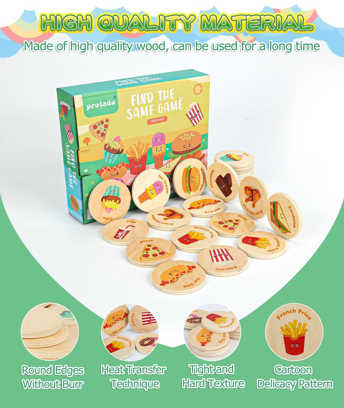 Protado Wooden Match Memory Game For Kids, 24Pc Memory Matching Cards With 5Pc Tattoo Stickers, Educational Memory Matching Game For Pre-Kindergarten Early Learning Development Kids (Delicacy)