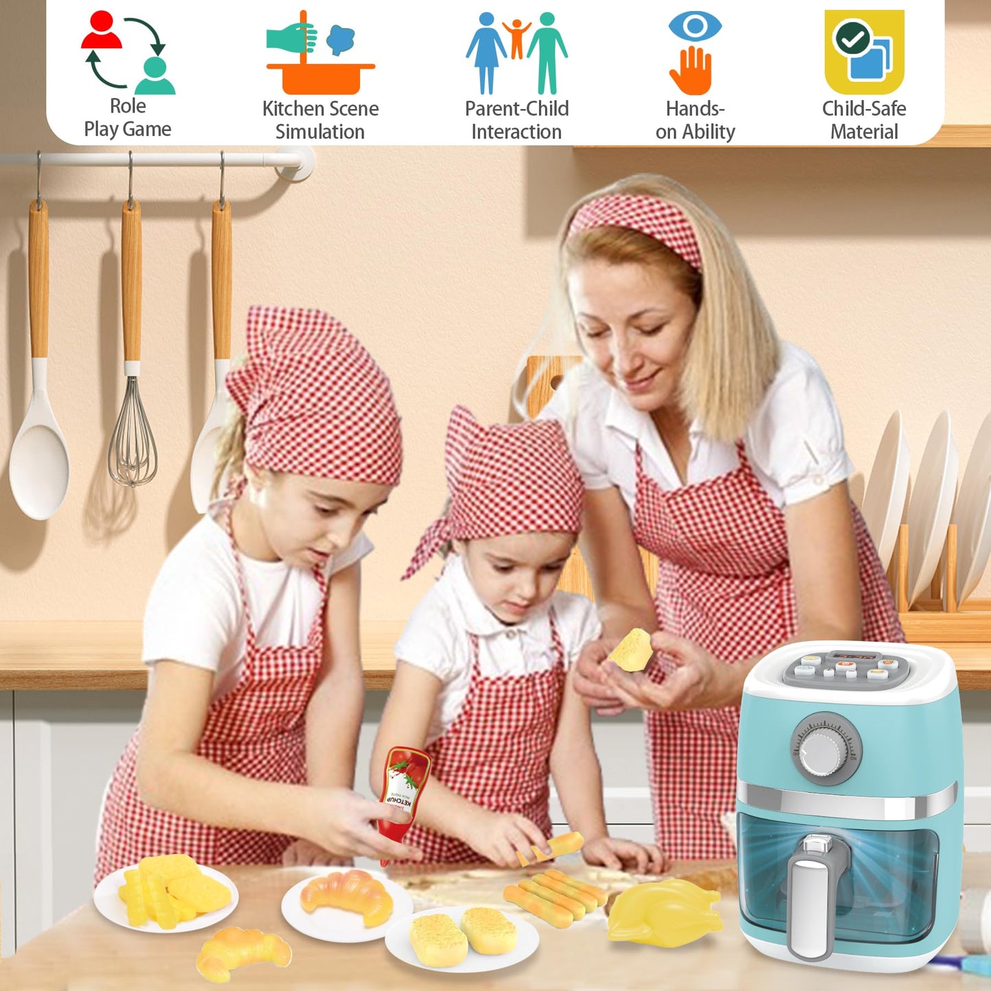 Toy Air Fryer for Kids Kitchen Playset, Chef Pretend Play kitchen Accessories with Color Changing Play Food, Cooking Game with F