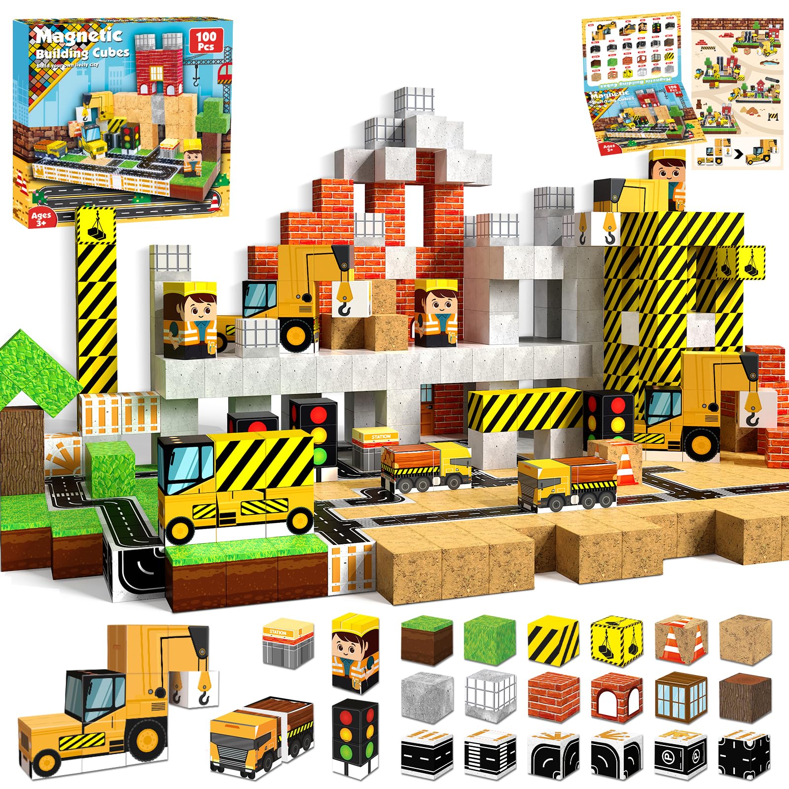 Annexfun Magnetic Blocks-100PCS Magnetic Building Blocks, Magnetic Blocks Road with Car STEM Toddler Kids Toys, Construction Toys for Kids Ages 3+, Christmas Birthday Gifts for Boys & Girls -Like New