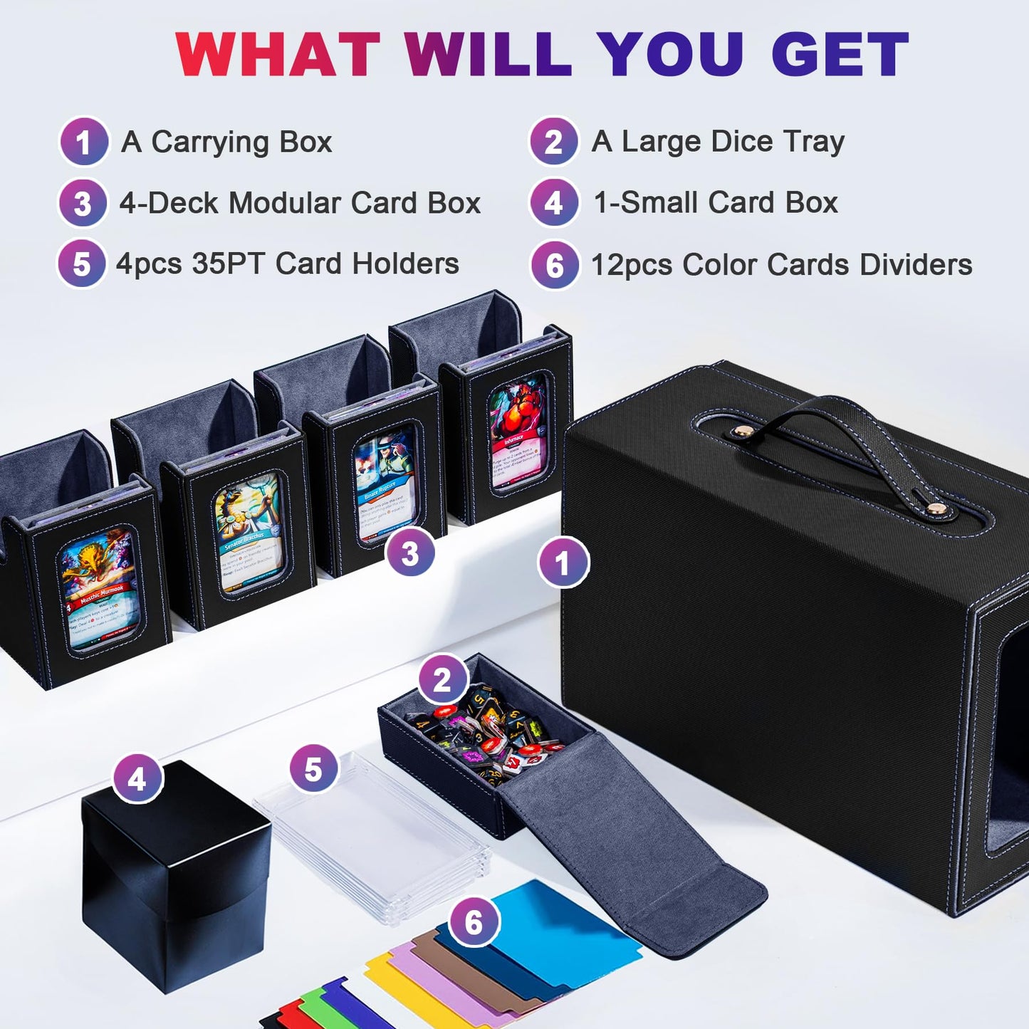 ArtBoutiq Commander Deck Box for MTG  6-Deck Modular Card Case with Dice Tray Holds 600+ Double-sleeved Cards  Removable Trading Cards Storage Box with 35PT Magnetic Card Holders for TCG  Black