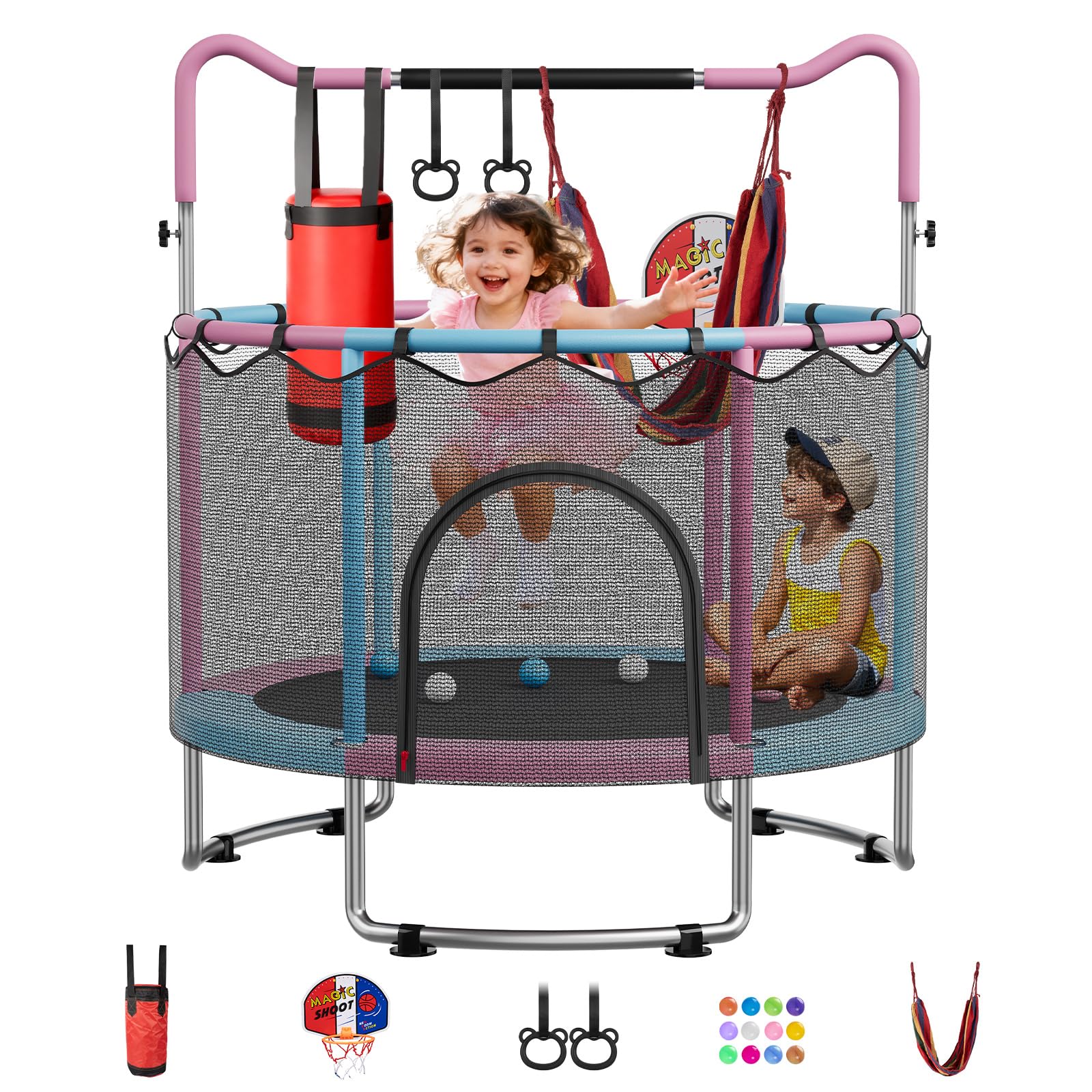 60 Trampoline for Kids, 5 FT Toddler Trampoline with Enclosur Net, Basketball Hoop & Sandbag, 440 LBS Capacity, Adjustable Heigh