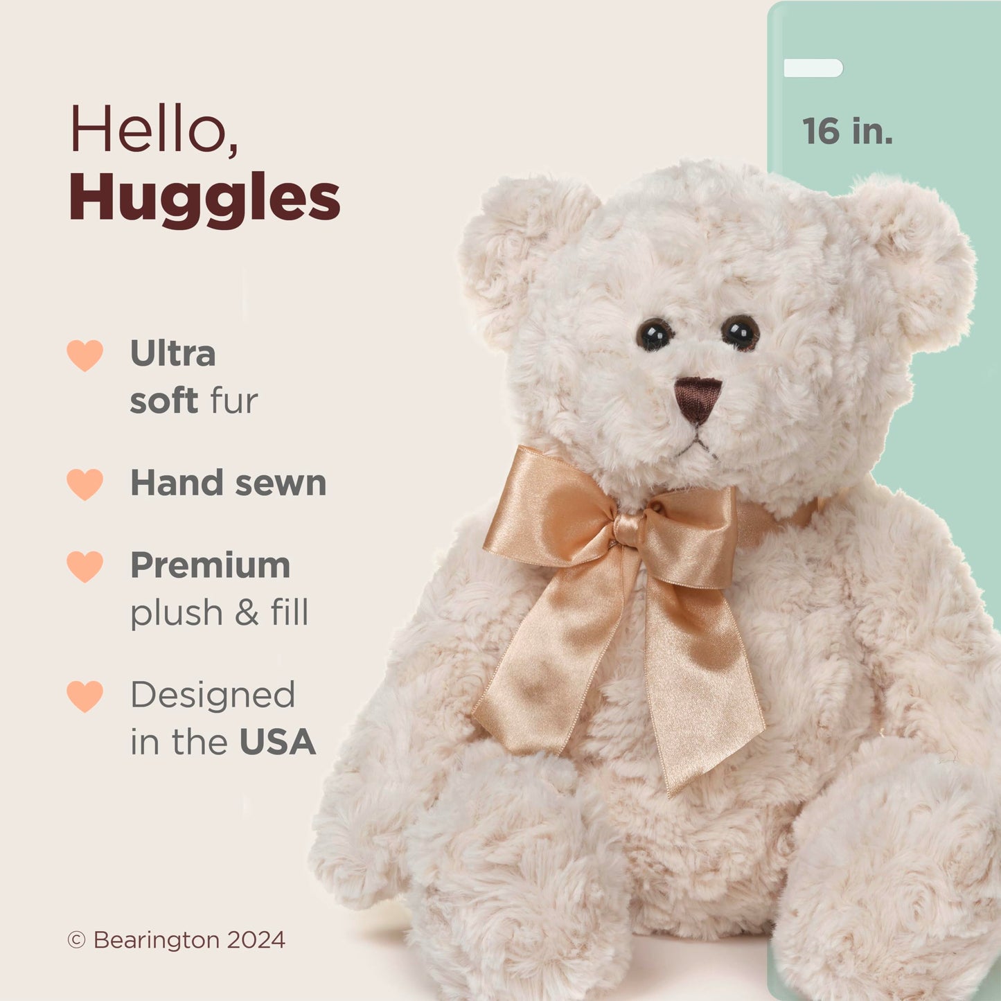 Bearington Huggles 16" Creamy White Plush Teddy Bear - Perfect Gift for Birthdays, Anniversaries, Holidays, or Graduations