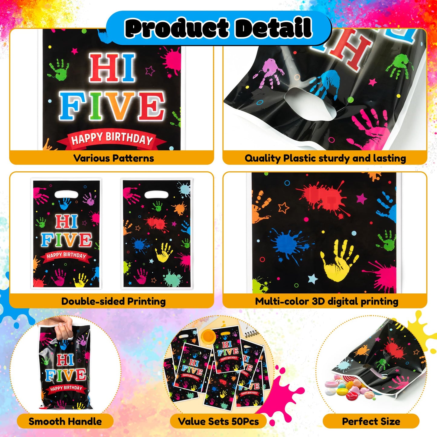 Hi Five Painting Party Favor Bags - 50Pcs Colorful Art Paint Goody Candy Treat Gift Bags, Artist Drawing Theme Plastic Birthday