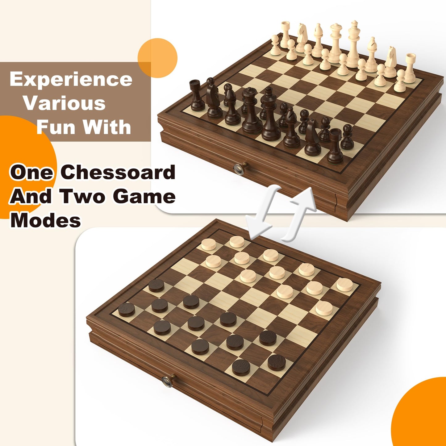 enhanced Natural Walnut 13 x 13 Magnetic Wooden Chess Set with 1 Built-in Storage Drawers - 2 Bonus Extra Queens - 24 Checkers Pieces - Staunton Chess Pieces  Board Games Chess Sets