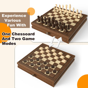 enhanced Natural Walnut 13 x 13 Magnetic Wooden Chess Set with 1 Built-in Storage Drawers - 2 Bonus Extra Queens - 24 Checkers Pieces - Staunton Chess Pieces  Board Games Chess Sets