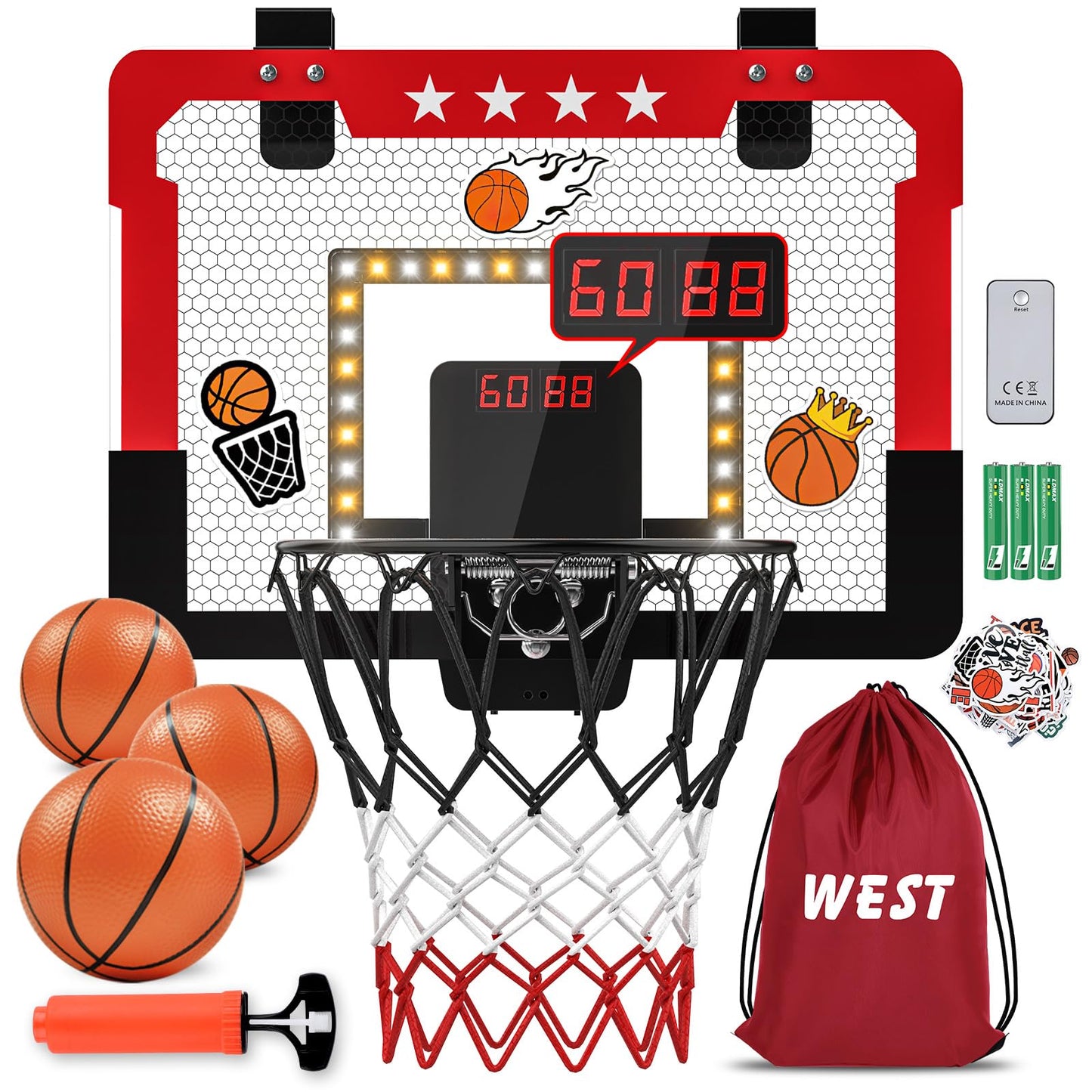 Indoor Basketball Hoop For Kids, Mini Basketball Hoop With Double Electronic Scoreboard And Led Light, Over The Door Basketball Gifts Toys For 5 6 7 8 9 10 11 12 Year Old Boys (West Red)
