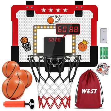 Indoor Basketball Hoop For Kids, Mini Basketball Hoop With Double Electronic Scoreboard And Led Light, Over The Door Basketball Gifts Toys For 5 6 7 8 9 10 11 12 Year Old Boys (West Red)
