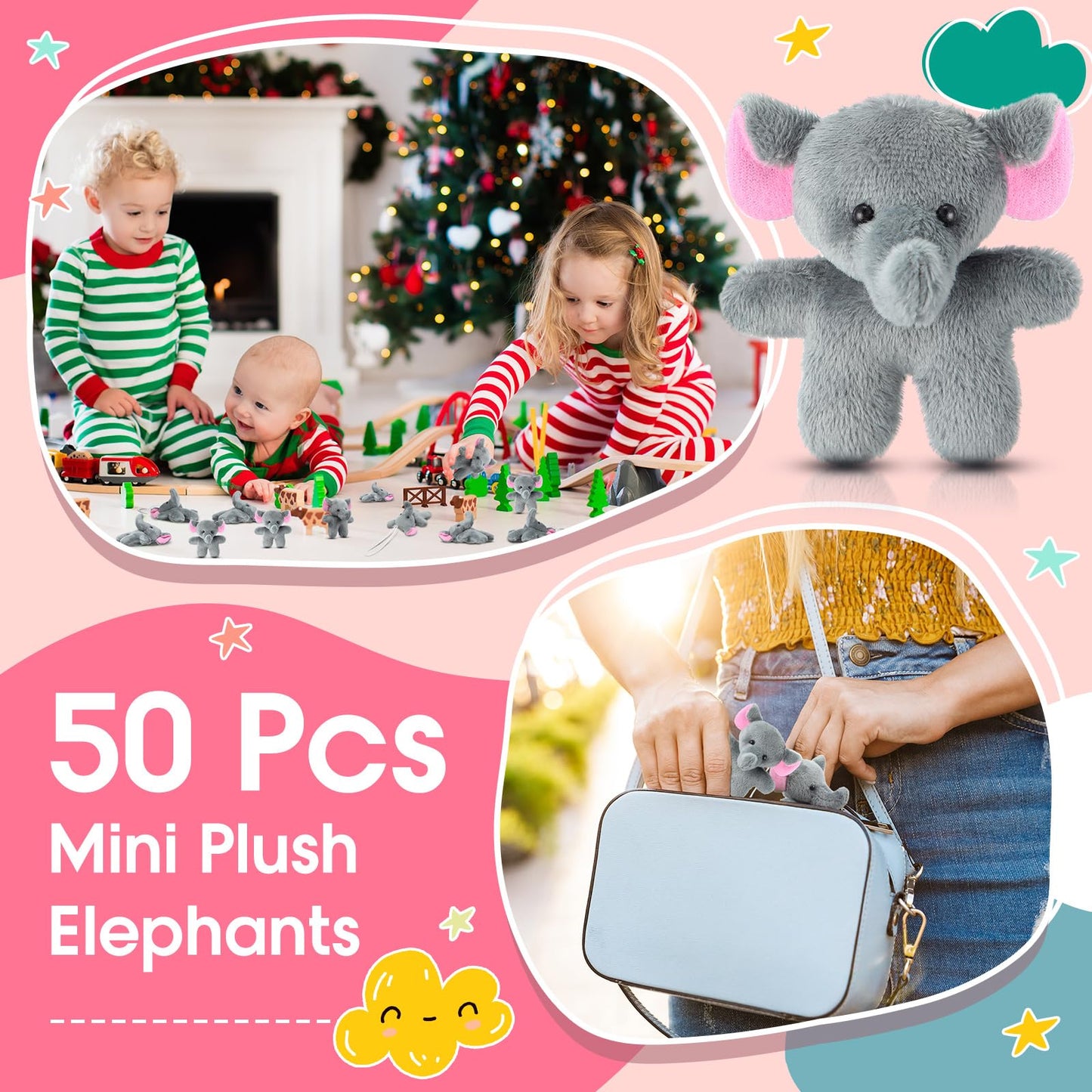 Shappy 50 Pcs Mini Animal Plush Toys Small Stuffed Animals Bulk Cute Tiny Plushies Keychains For Gift Party Carnival Prize(Eleph