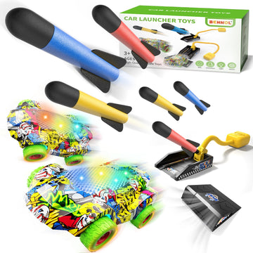 Bennol Toddler Toys Gifts for 3 4 5 6 Year Old Boys, 6 Foam Rocket & 2 Car Launcher Outdoor Outside Toys for Kids Toddlers Boys,