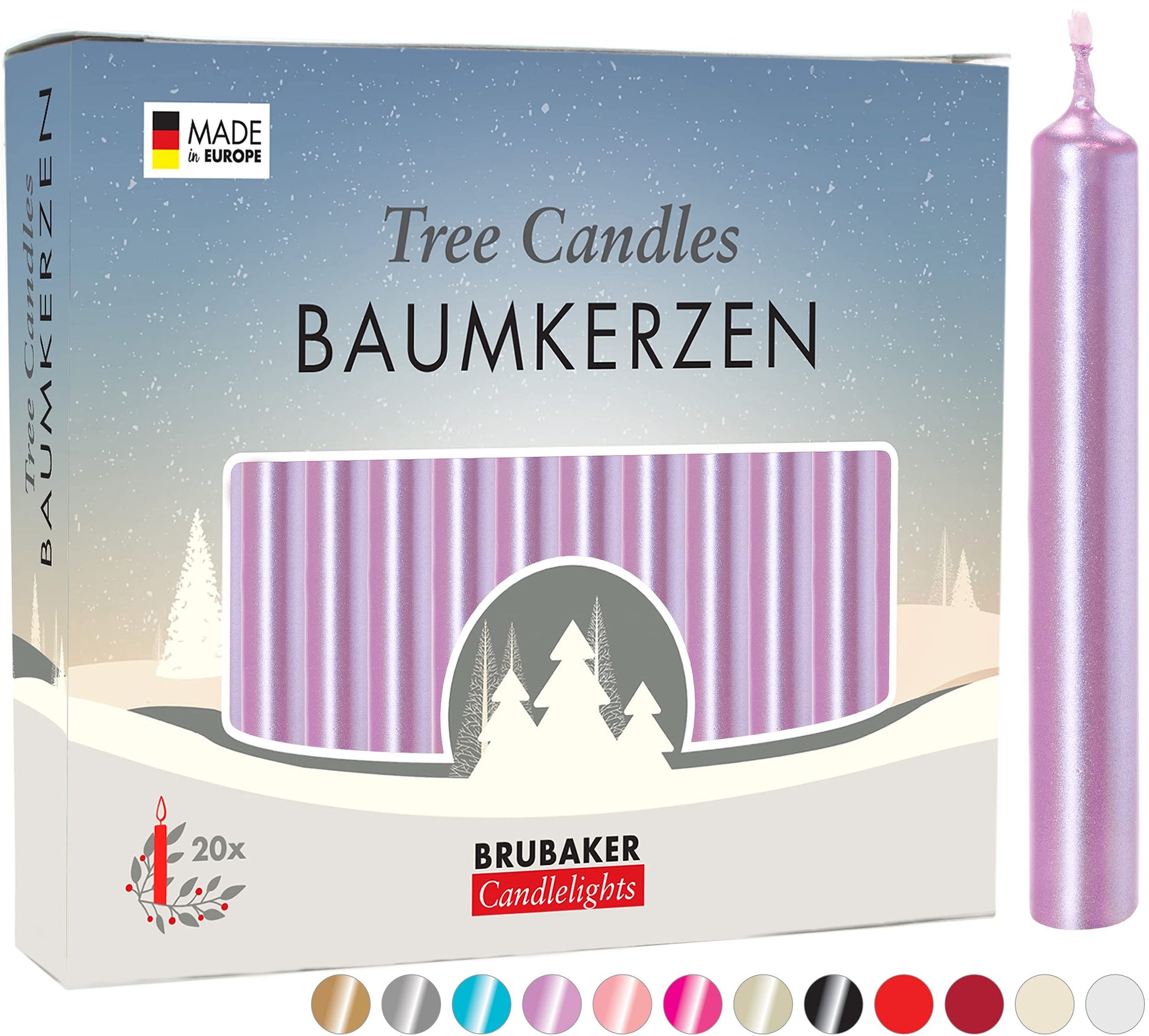 BRUBAKER Tree Candles - Pack of 20 - Purple - 3 x  Inches - Made in Europe - Christmas Wax Candles for Pyramids, Carousels & Chi