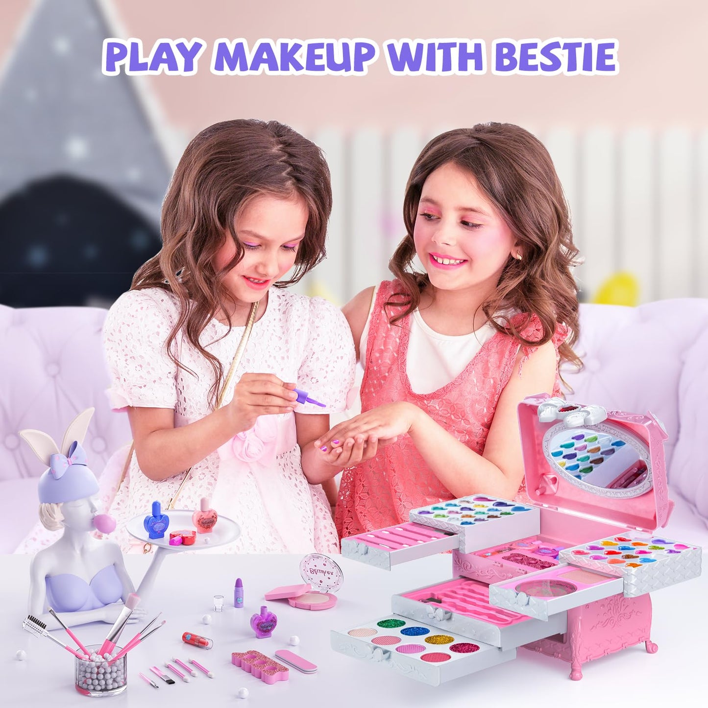 Kids Makeup Kit for Girl 66Pcs Girl Makeup Kits, Kids Washable Makeup Girls Toys Real Girl Makeup Sets for Kid Children Little G