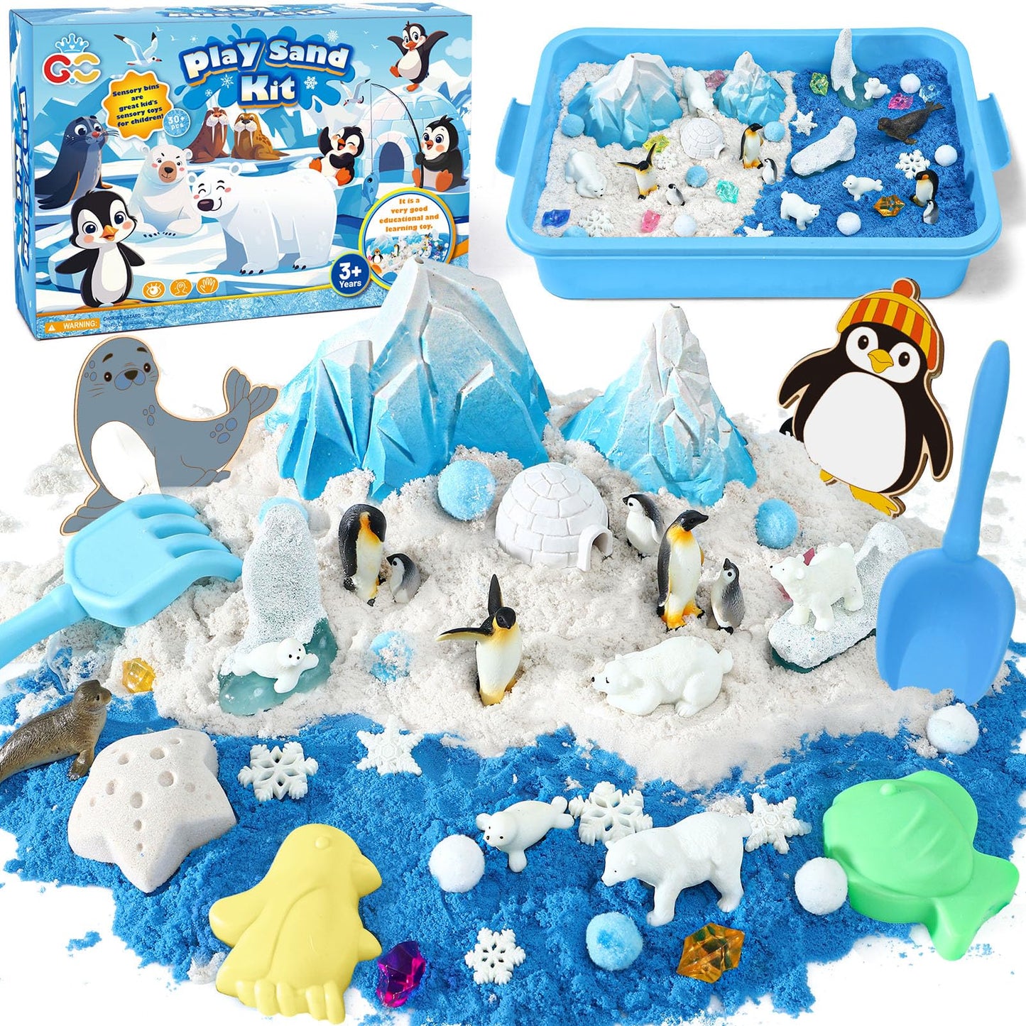 G.C Winter Polar Sensory Bin for Kid, Snow Play Sand Toy Kit with Sandbox/Sensory Sand/Arctic Animals Figures, Ice Wonderland Se
