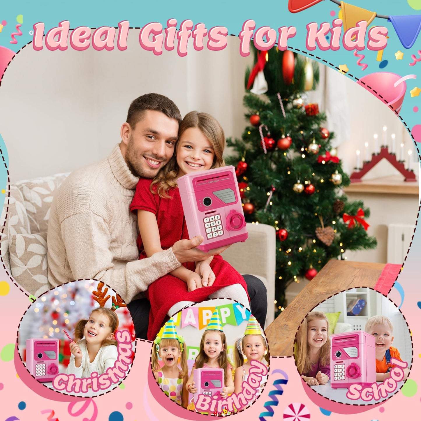 Electronic Piggy Bank For Kids Safe 2024, Pink Money Savings Bank With Password & Face Id Simulation, Mini Atm Safe Coin Bank Wi