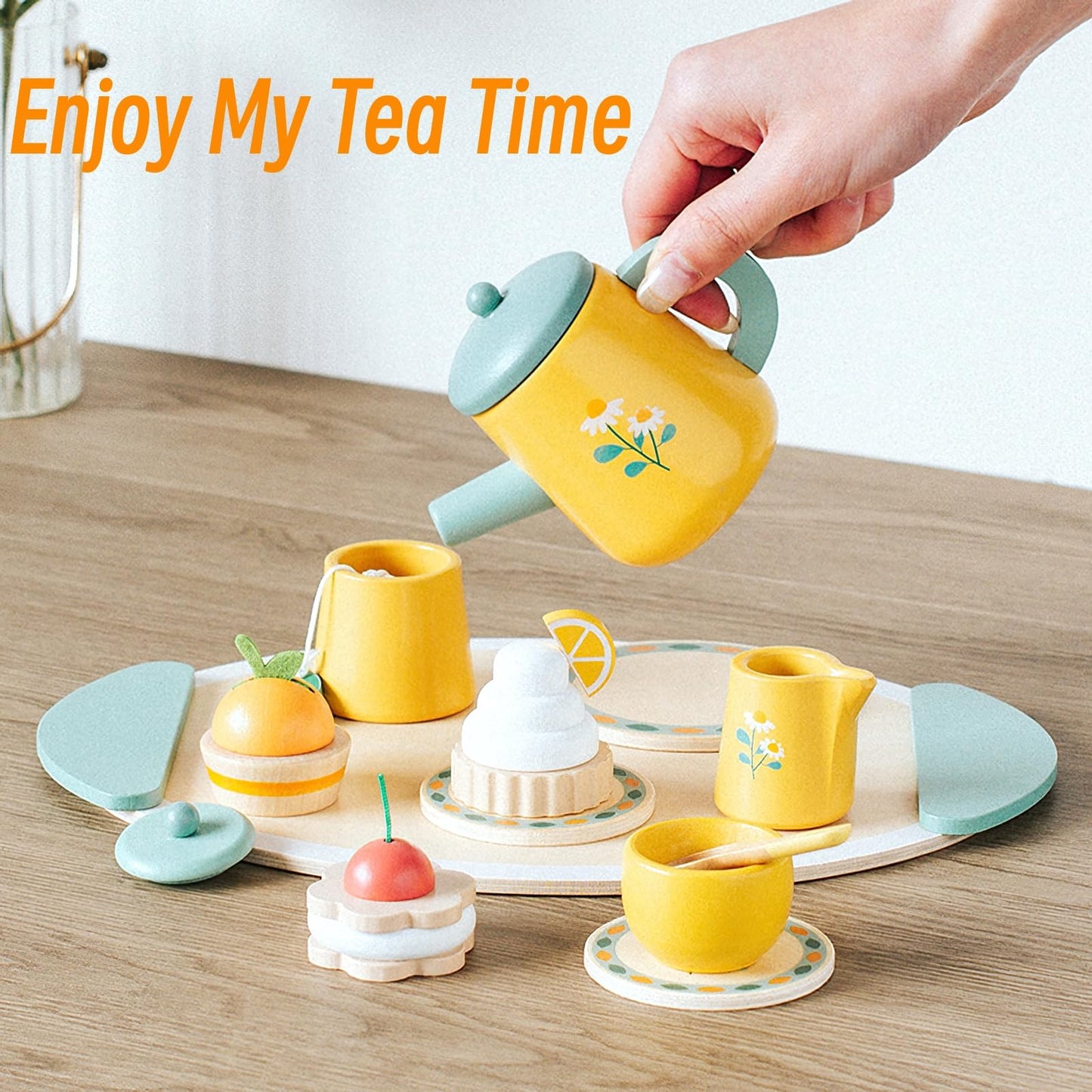 Wooden Tea Party Set For Little Girls, Pretend Play Kids Toys For Toddlers, Wood Play Food Kitchen Accessories (Royal Tea)