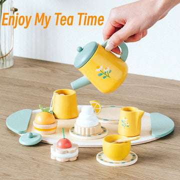 Wooden Tea Party Set For Little Girls, Pretend Play Kids Toys For Toddlers, Wood Play Food Kitchen Accessories (Royal Tea)