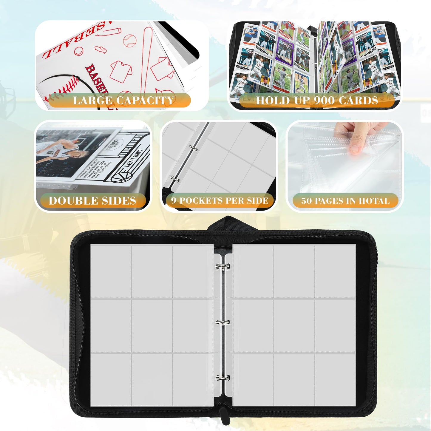 Tcguard 9 Pockets Trading Card Binder With Sleeves Card Organizer, 900 Double Sided Pocket Pu Card Collection Binder, Baseball B