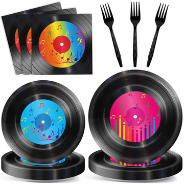 200 Pcs Vinyl Record Tableware Disposable For 1950'S Rock Music Party Supplies Back To 50S Rock Dinnerware Set Dessert Paper Plates Napkins Forks 50'S Theme Rock Party Retro Decorations Serve 50 Guest