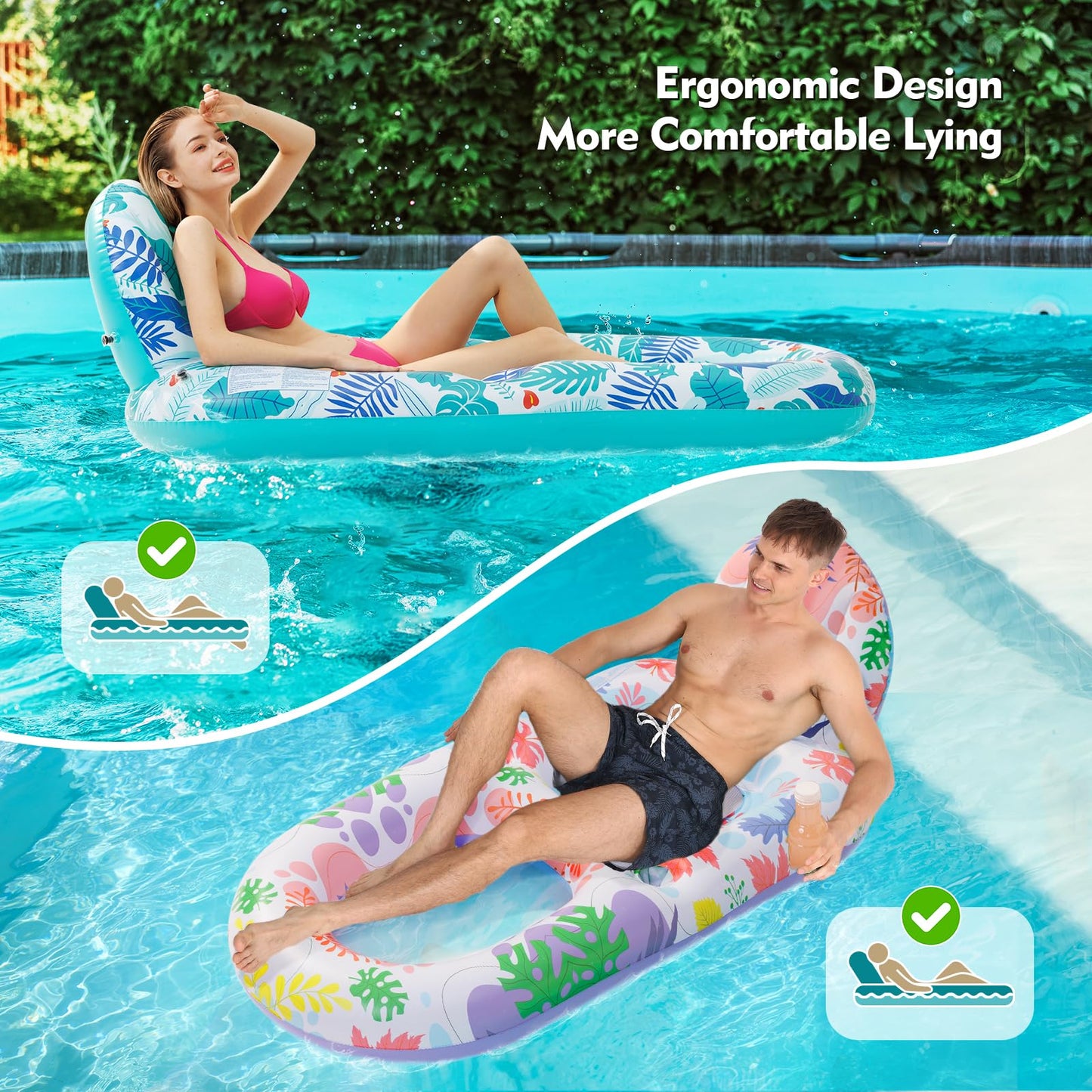 2 Pack Pool Floats mature-themed Heavy Duty-mature-themed Pool Float Lounger with Cup Holders  Backrest & Footrest Pool Lounge Float Pool Floaties Rafts for Beach Lake Party(Pink  Blue)
