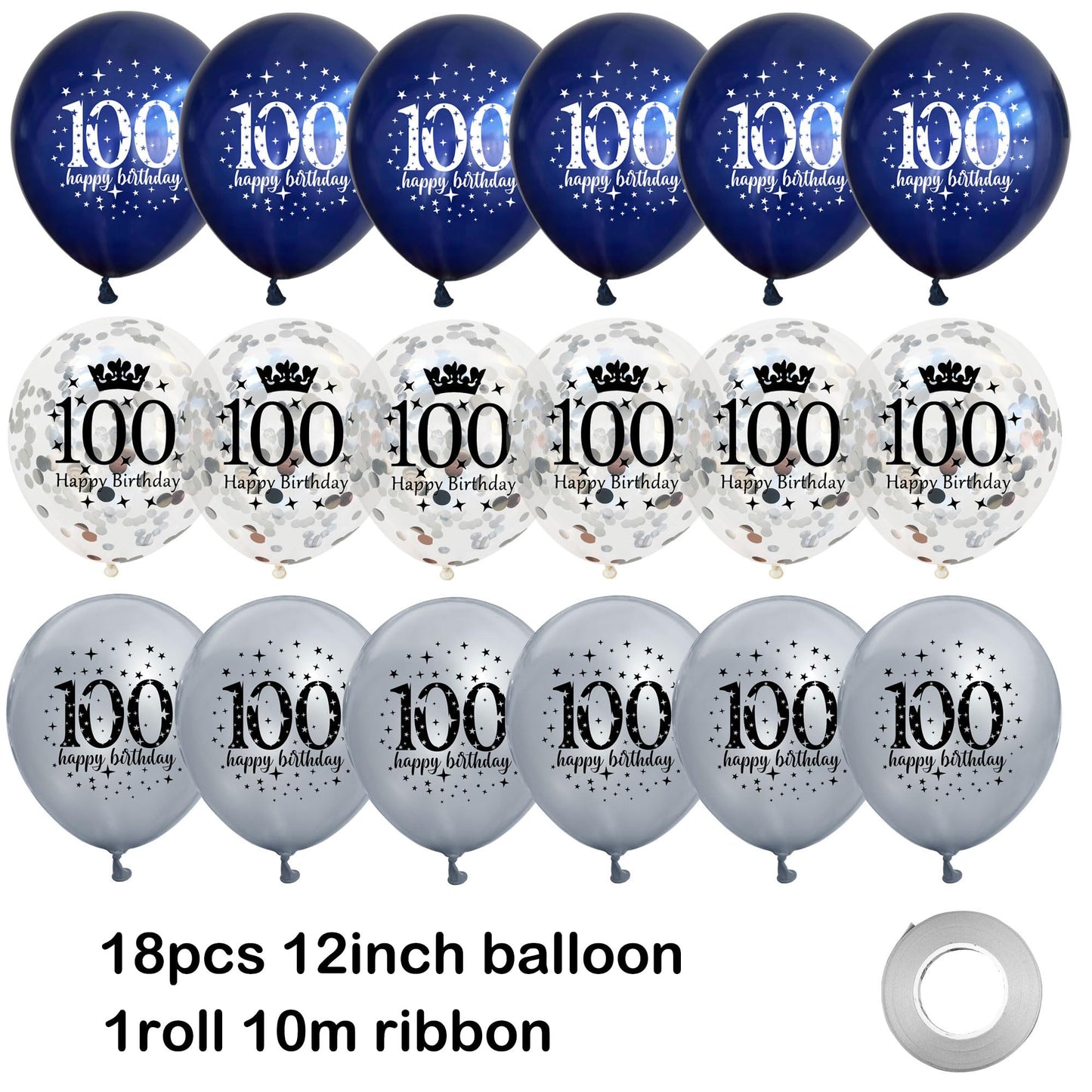 UniBirthLon 18Pcs Happy Birthday Balloons Set, Navy Blue & Silver, Confetti Latex for 100th Birthday Party Decorations