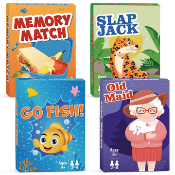 Card Games Go Fish,Old Maid,Slap Jack And Memory Match-4 Decks In 1 Pack,Classic Card Games For Kids Toddlers,Fun Kids Games For