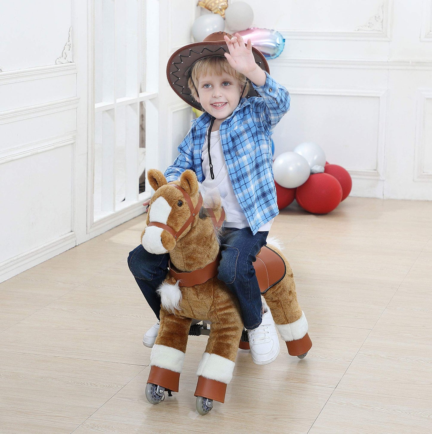 JoJoPooNy Ride on Horse Toy  Kids Ride on Toy for 3-6 Years Old  enhanced Riding Horse Plush Animal Toy  Walking Horse Toy with Wheels (27 Inch Height)