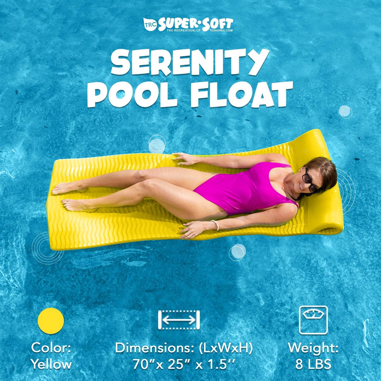 TRC Recreation Serenity 1.5  Thick Vinyl Coated Foam Swimming Pool Float Mat mature-themed Lounger with Built-In Roll Pillow  Yellow
