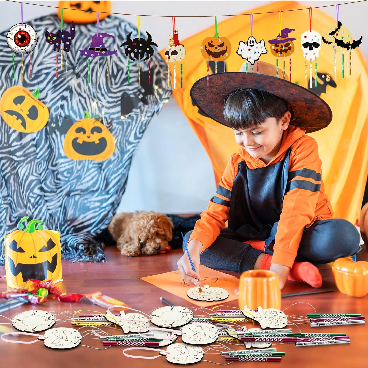 JellyArch 30 Pack Halloween Wind Chime Making Kit for Kids Make Your Own Wind Chime Ghost Spider Wooden Crafts Ornaments for Gir