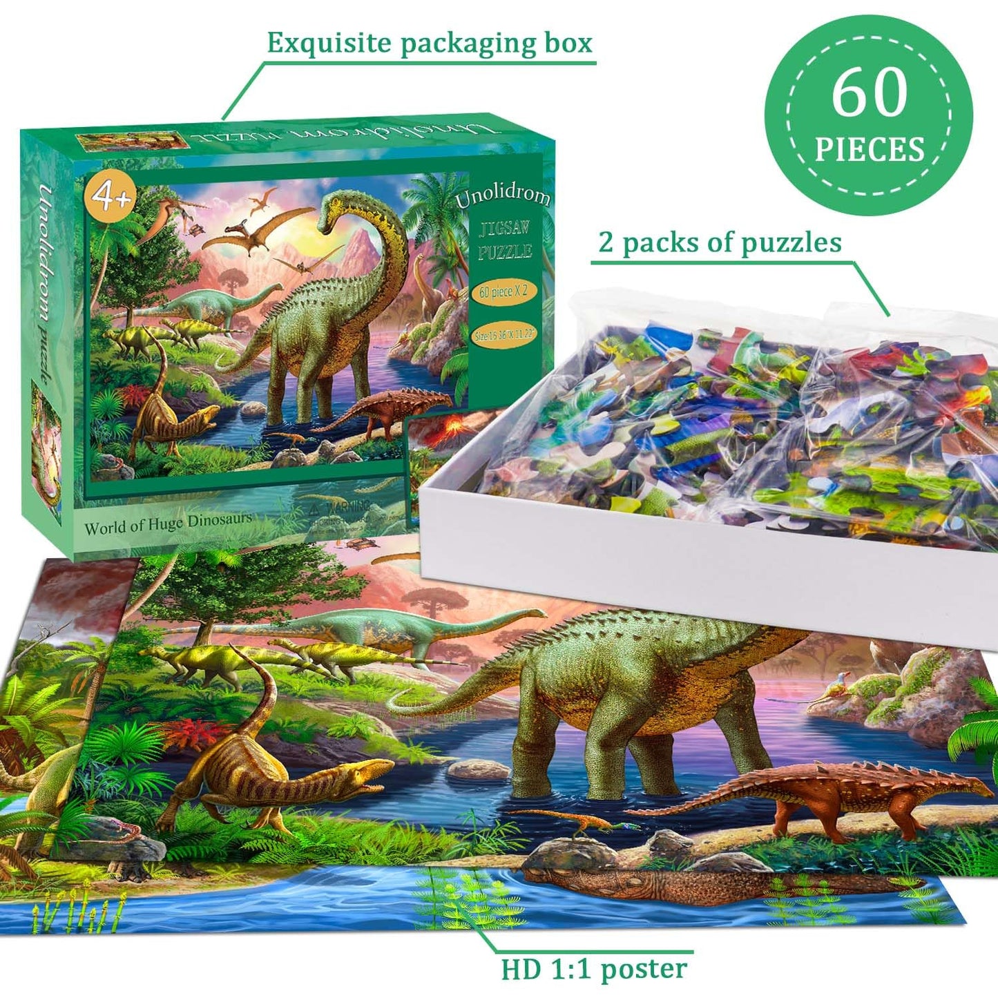 Puzzles For Kids Ages 4-6 - 2 X 60 Pieces Puzzles For Kids Ages 3-5 6-8 - World Of Huge Dinosaurs - Learning Educational Toys Fo
